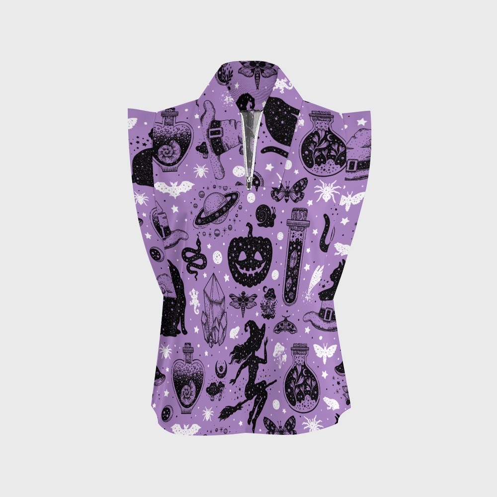 Women's Stand-Up Tie Zipper Halloween Printed Scrub Set SF91216