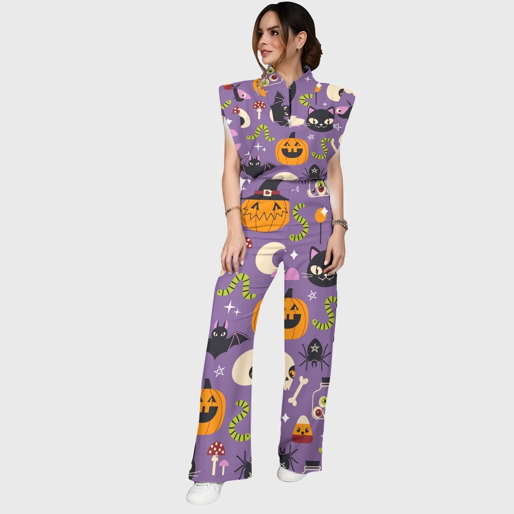 Women's Stand-Up Tie Zipper Halloween Printed Scrub Set SF91217