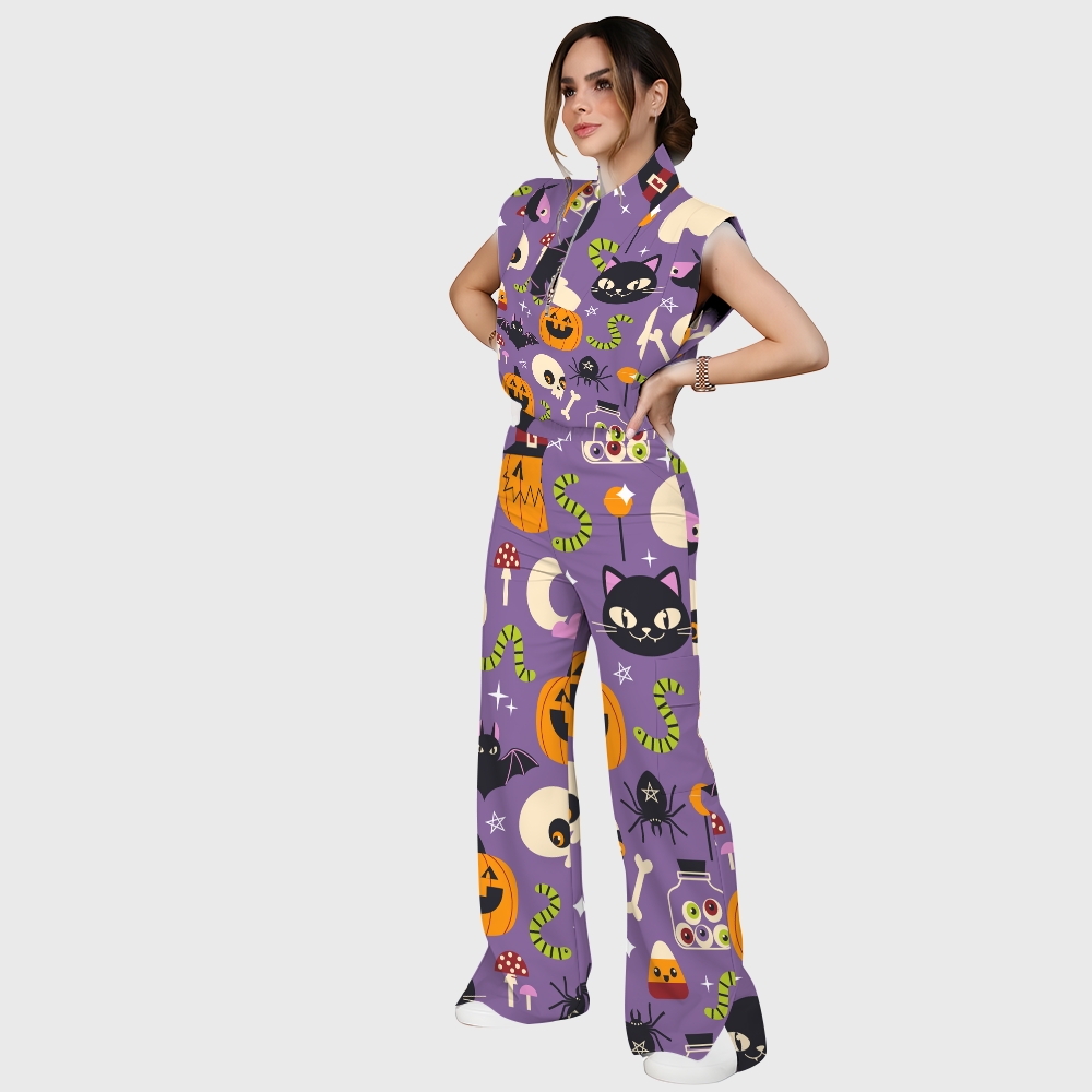 Women's Stand-Up Tie Zipper Halloween Printed Scrub Set SF91217