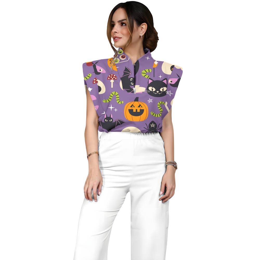 Women's Stand-Up Tie Zipper Halloween Printed Scrub Set SF91217