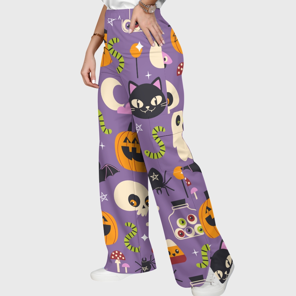 Women's Stand-Up Tie Zipper Halloween Printed Scrub Set SF91217