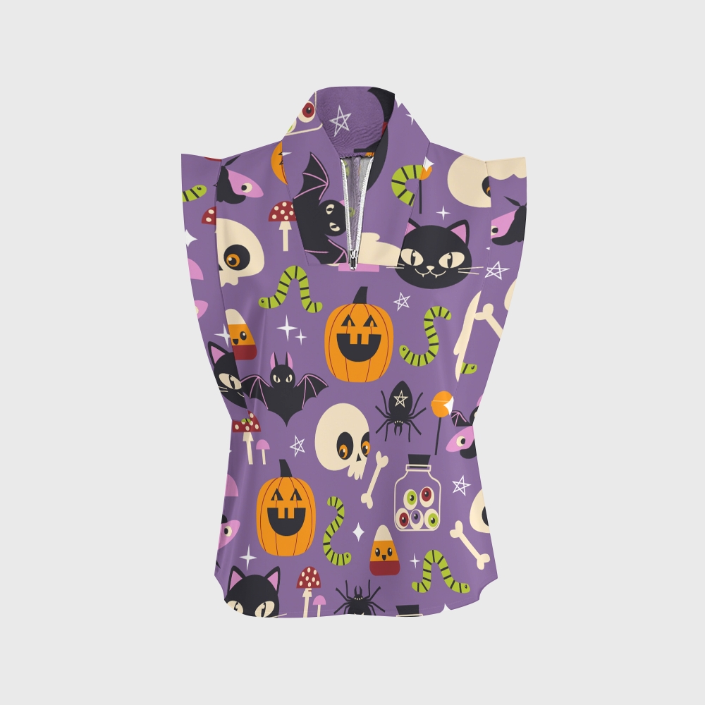 Women's Stand-Up Tie Zipper Halloween Printed Scrub Set SF91217