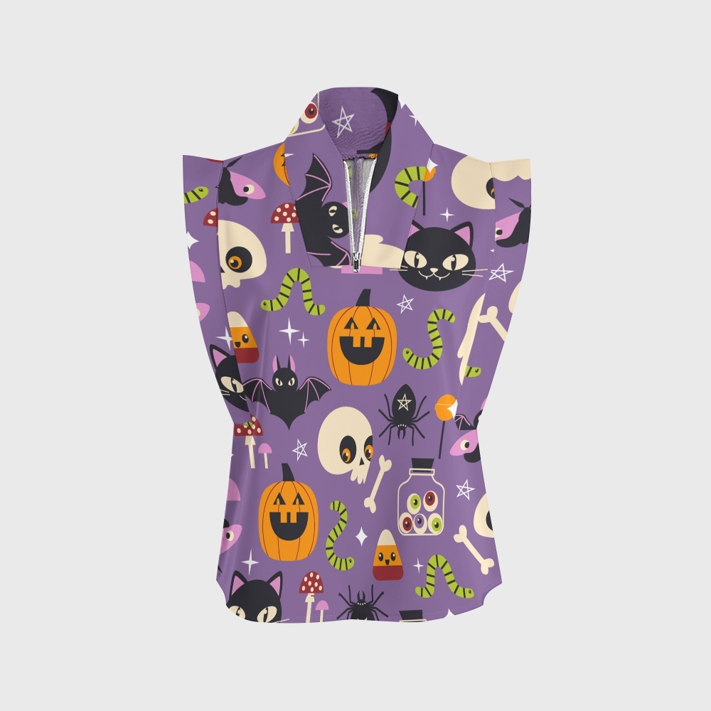 Women's Stand-Up Tie Zipper Halloween Printed Scrub Set SF91217