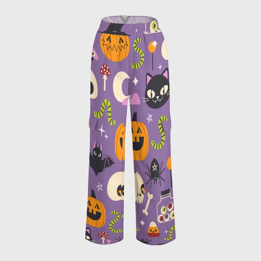 Women's Stand-Up Tie Zipper Halloween Printed Scrub Set SF91217