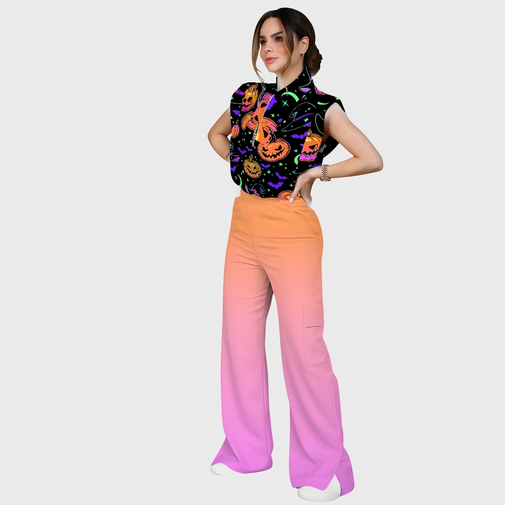 Women's Stand-Up Tie Zipper Halloween Printed Scrub Set SF91218