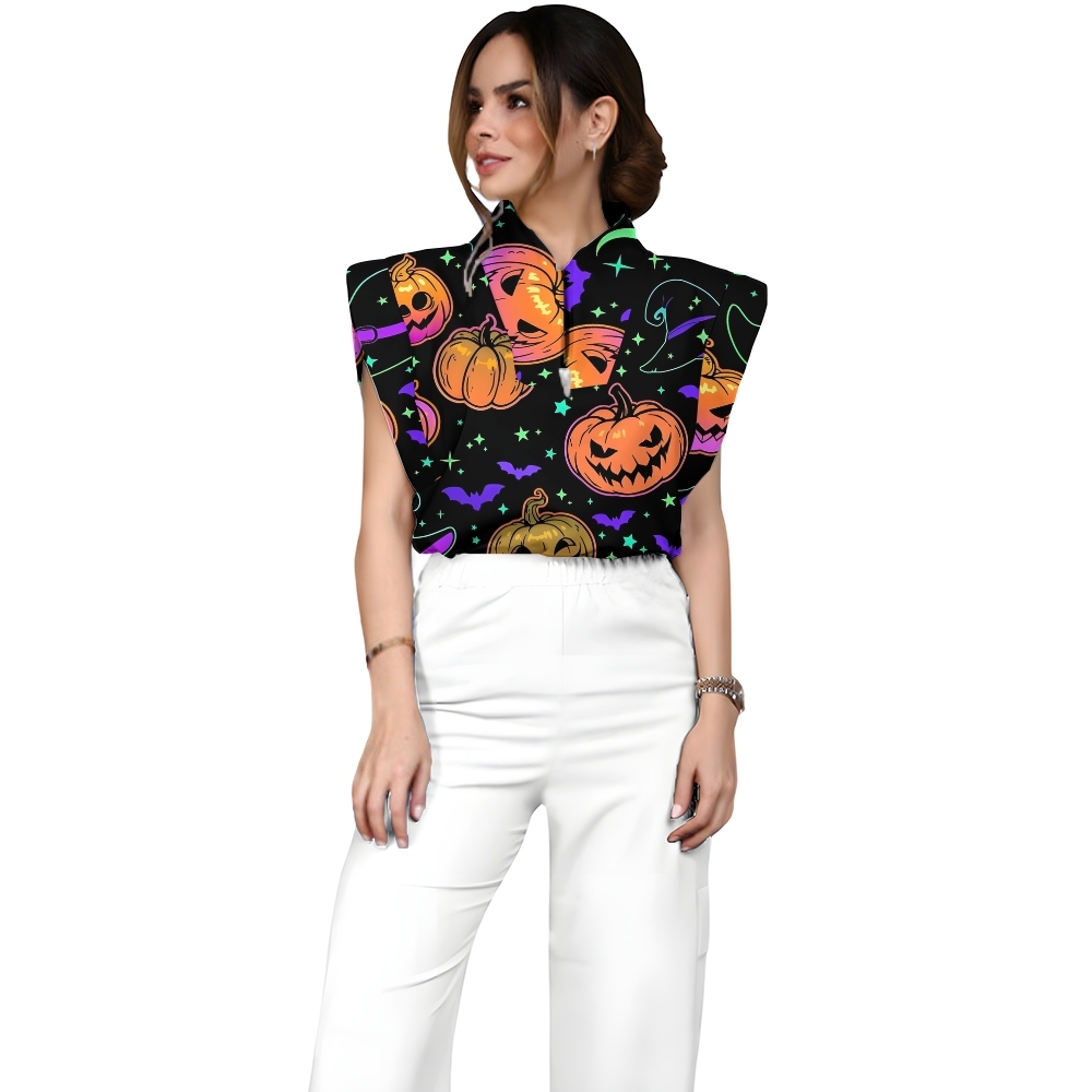 Women's Stand-Up Tie Zipper Halloween Printed Scrub Set SF91218