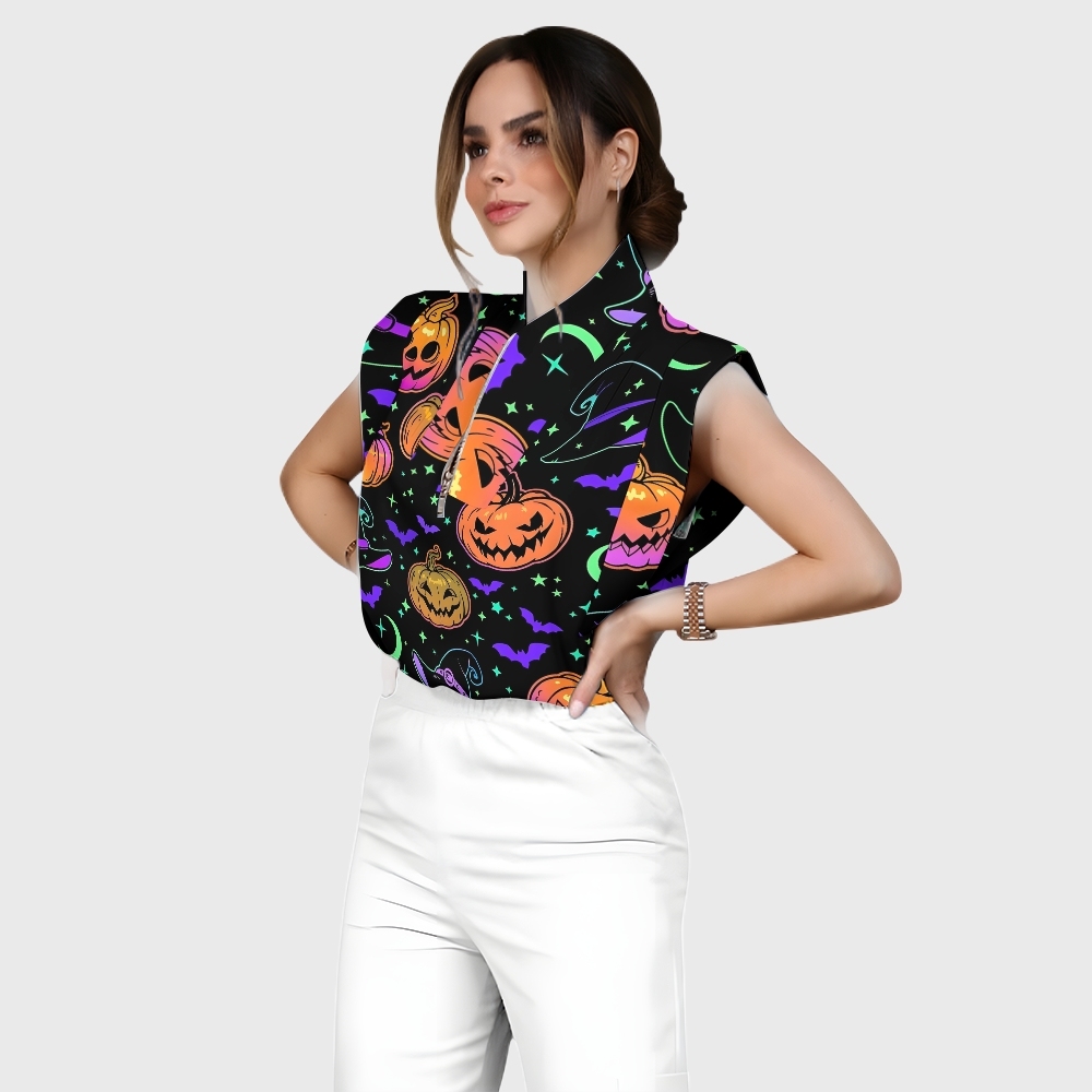 Women's Stand-Up Tie Zipper Halloween Printed Scrub Set SF91218