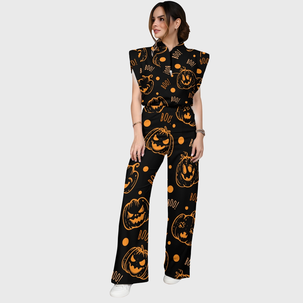 Women's Stand-Up Tie Zipper Halloween Printed Scrub Set SF91219