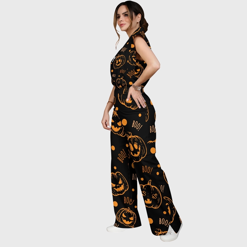 Women's Stand-Up Tie Zipper Halloween Printed Scrub Set SF91219