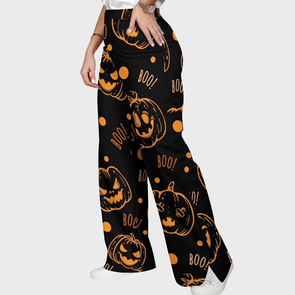 Women's Stand-Up Tie Zipper Halloween Printed Scrub Set SF91219