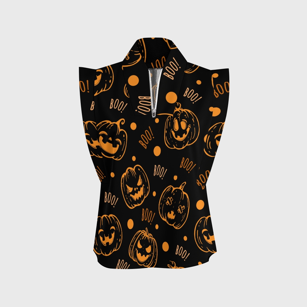 Women's Stand-Up Tie Zipper Halloween Printed Scrub Set SF91219
