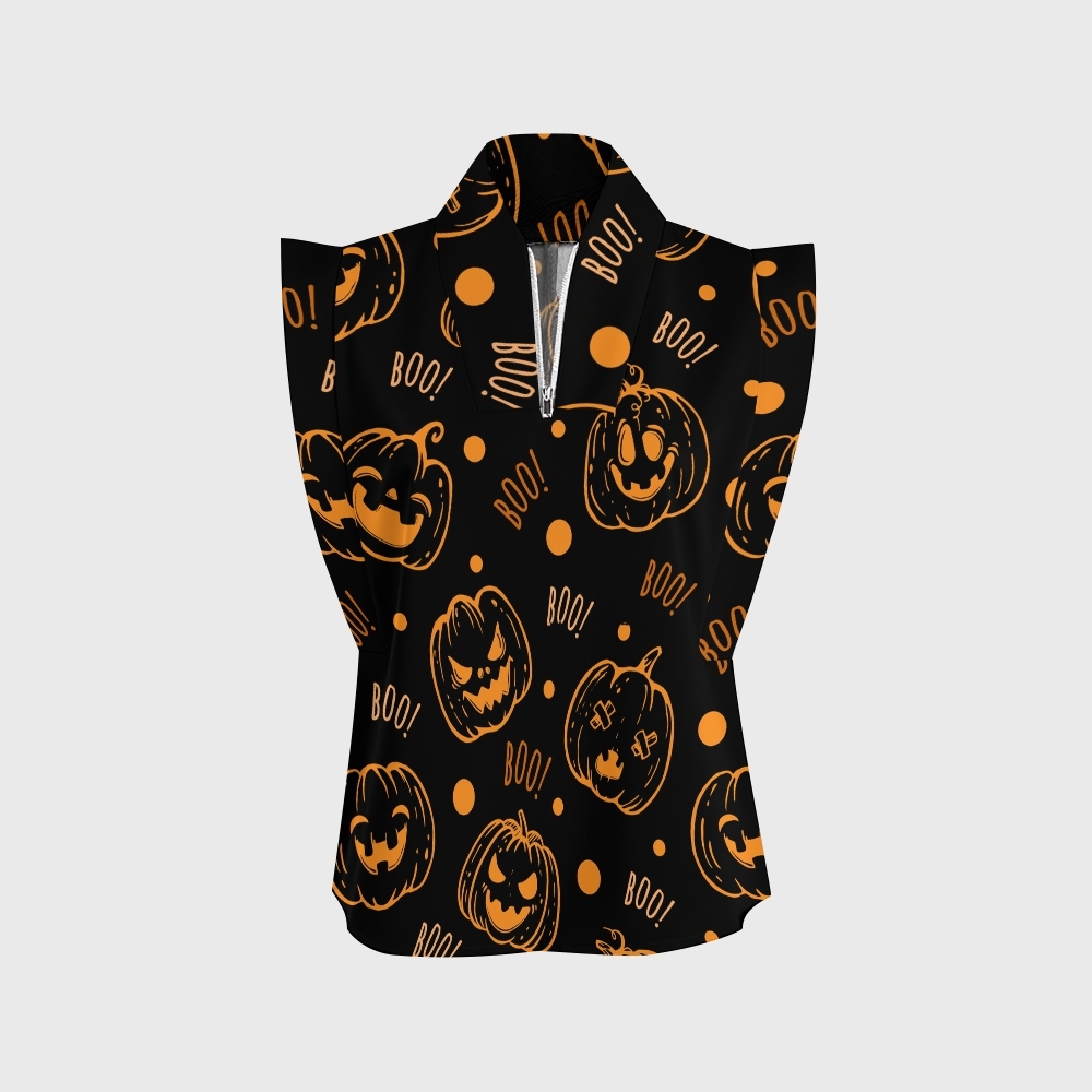 Women's Stand-Up Tie Zipper Halloween Printed Scrub Set SF91219