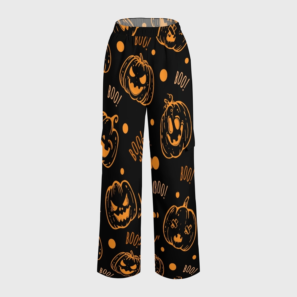 Women's Stand-Up Tie Zipper Halloween Printed Scrub Set SF91219