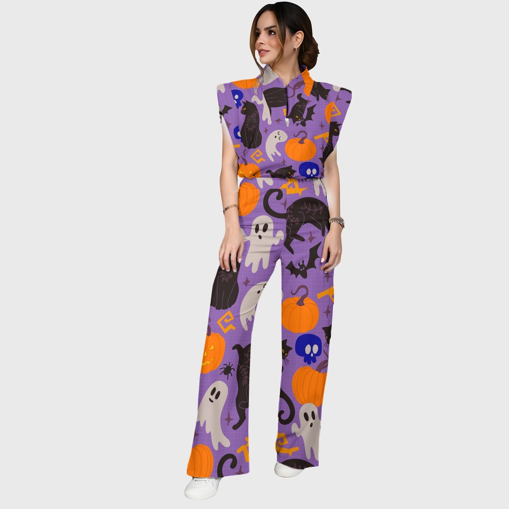 Women's Stand-Up Tie Zipper Halloween Printed Scrub Set SF91220