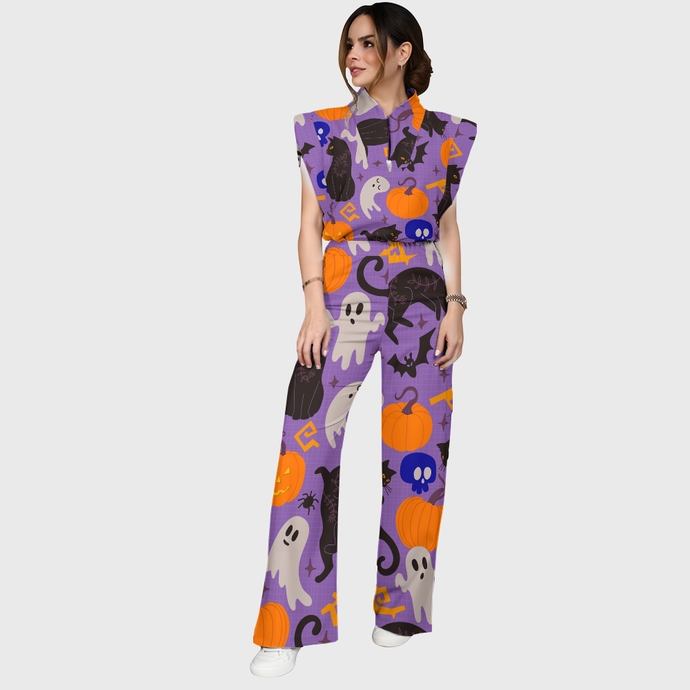 Women's Stand-Up Tie Zipper Halloween Printed Scrub Set SF91220