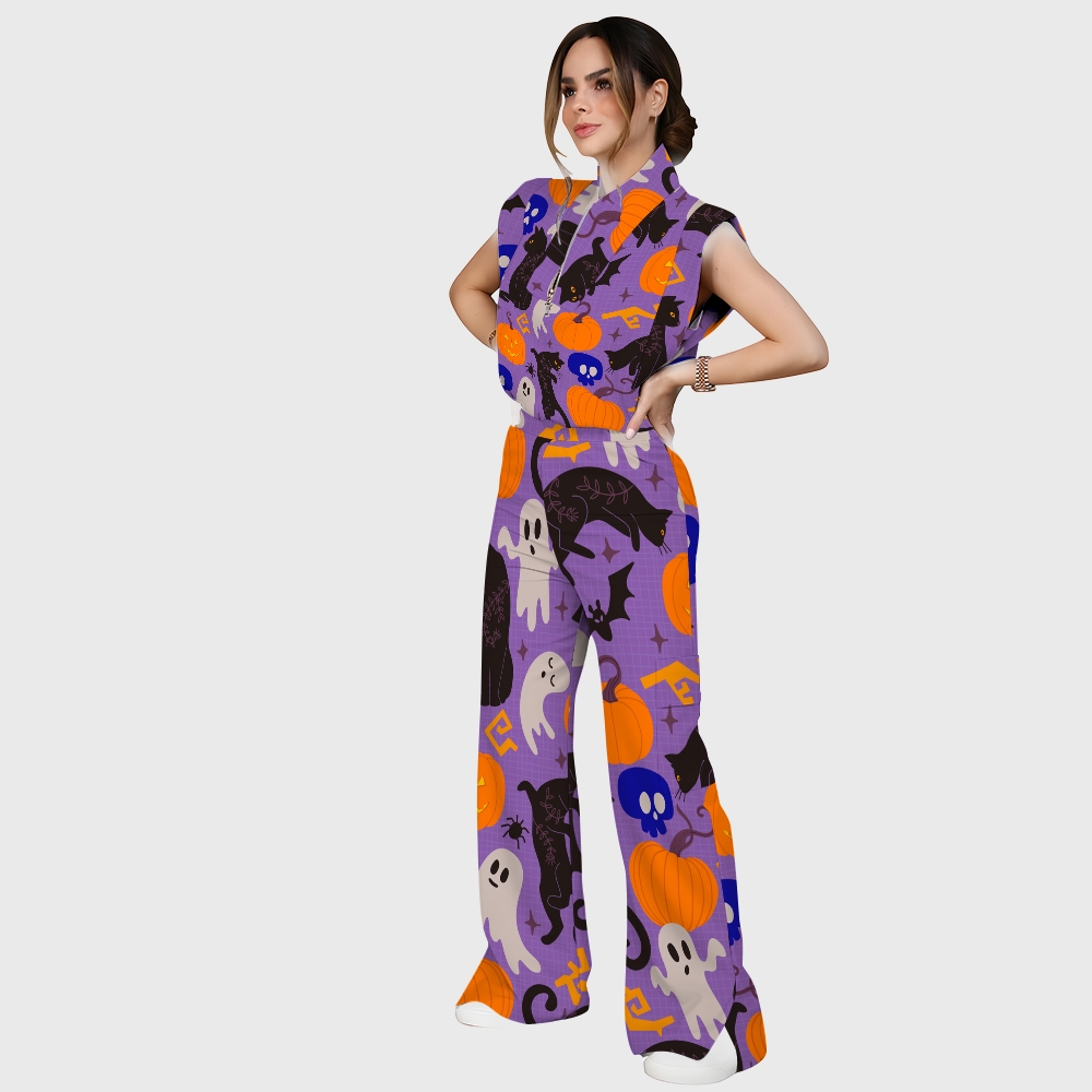 Women's Stand-Up Tie Zipper Halloween Printed Scrub Set SF91220
