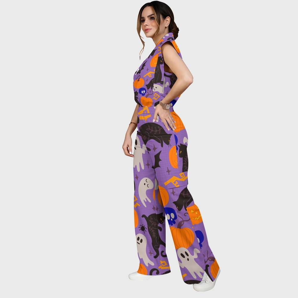 Women's Stand-Up Tie Zipper Halloween Printed Scrub Set SF91220
