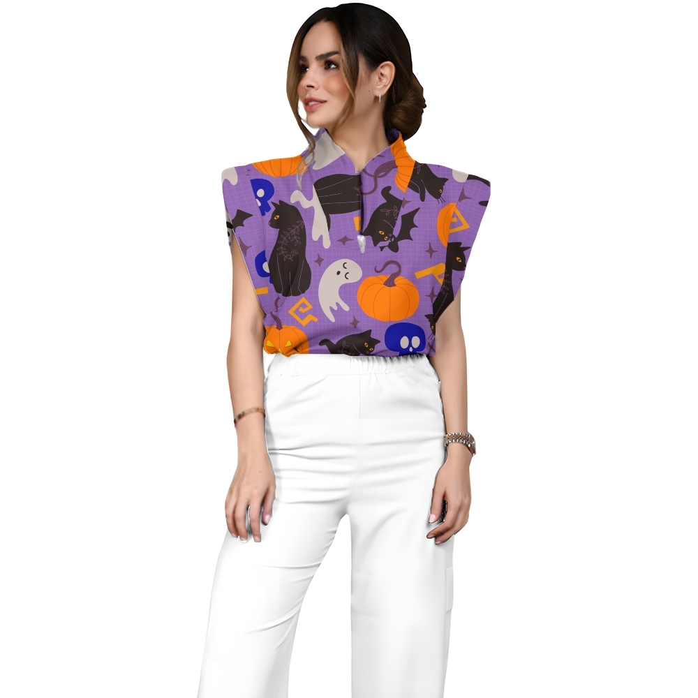 Women's Stand-Up Tie Zipper Halloween Printed Scrub Set SF91220