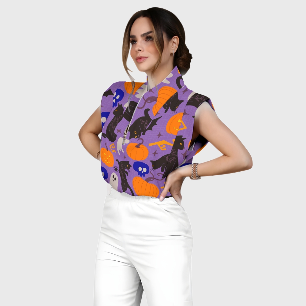 Women's Stand-Up Tie Zipper Halloween Printed Scrub Set SF91220