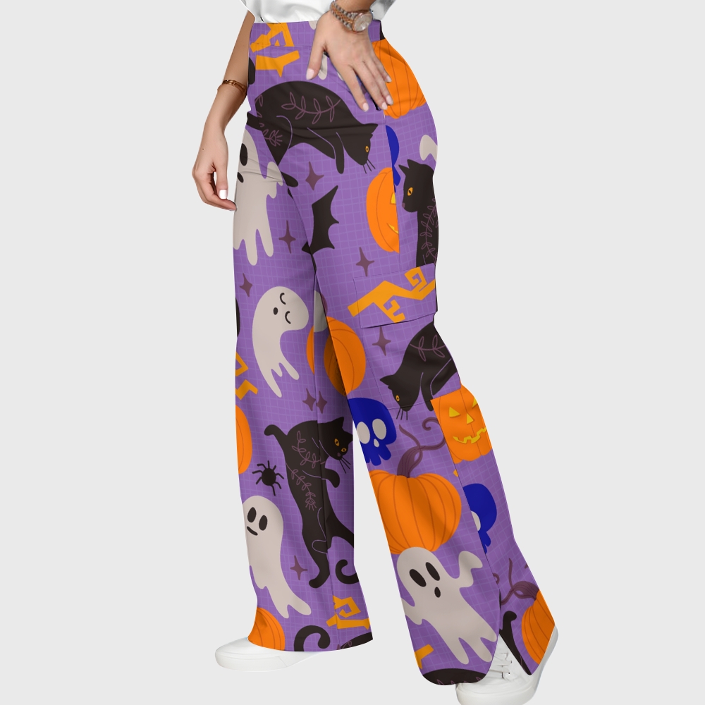 Women's Stand-Up Tie Zipper Halloween Printed Scrub Set SF91220