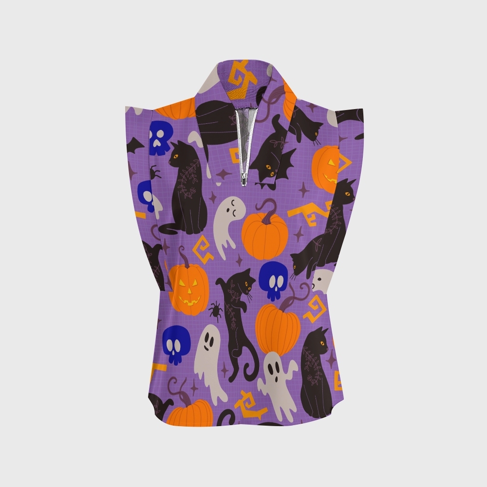 Women's Stand-Up Tie Zipper Halloween Printed Scrub Set SF91220