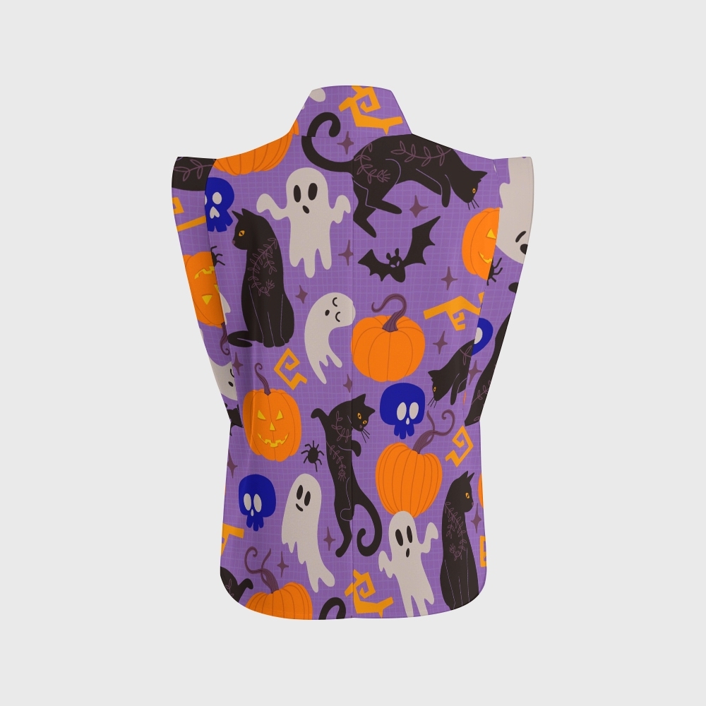 Women's Stand-Up Tie Zipper Halloween Printed Scrub Set SF91220