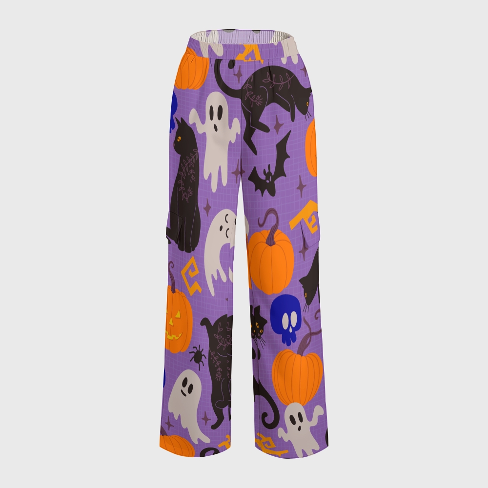 Women's Stand-Up Tie Zipper Halloween Printed Scrub Set SF91220