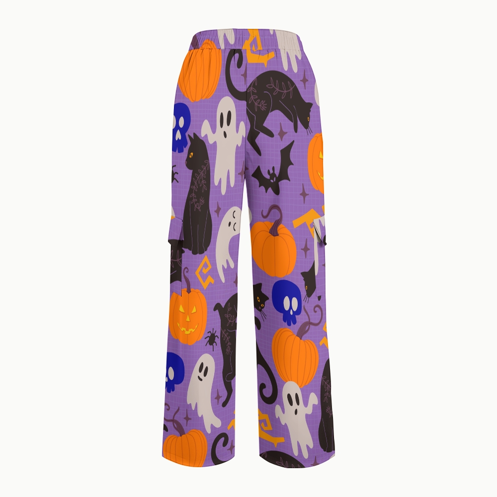 Women's Stand-Up Tie Zipper Halloween Printed Scrub Set SF91220