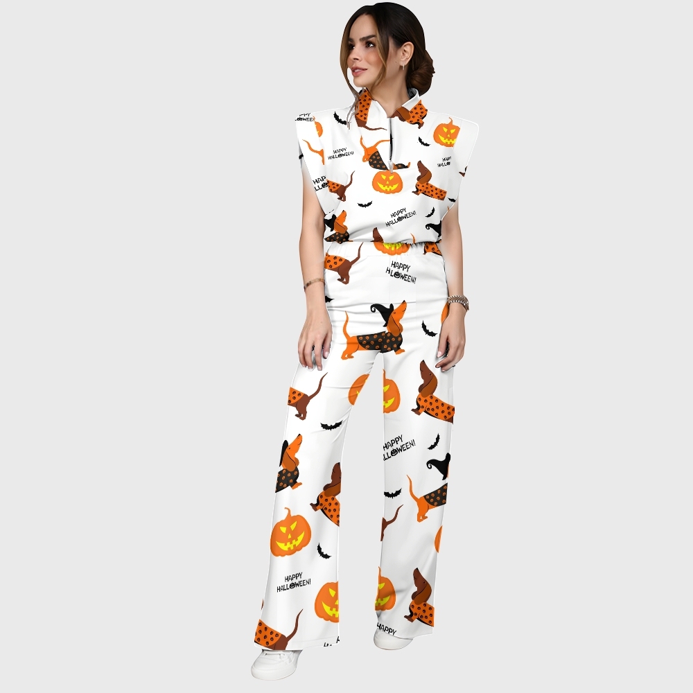 Women's Stand-Up Tie Zipper Halloween Printed Scrub Set SF91221
