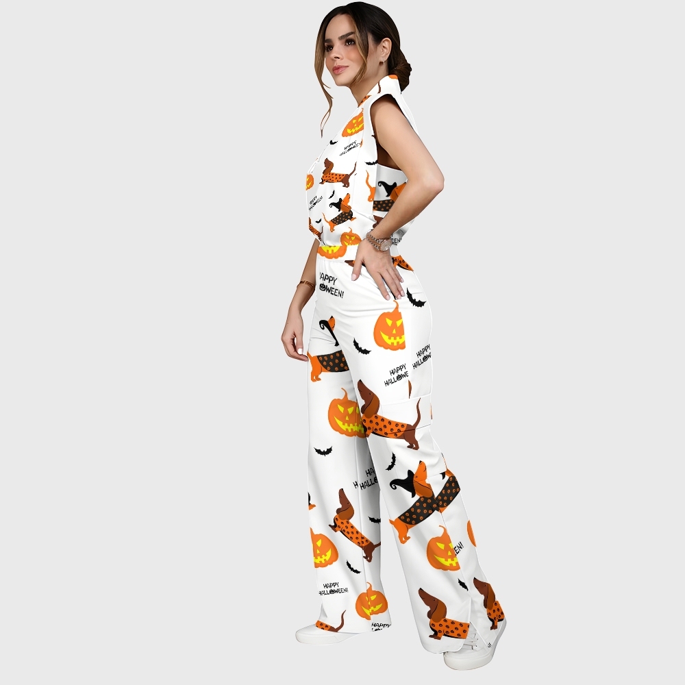 Women's Stand-Up Tie Zipper Halloween Printed Scrub Set SF91221
