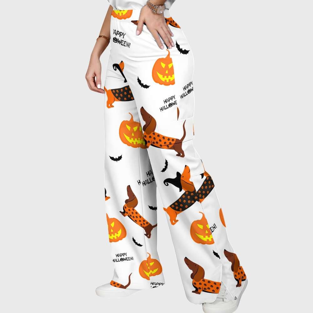 Women's Stand-Up Tie Zipper Halloween Printed Scrub Set SF91221