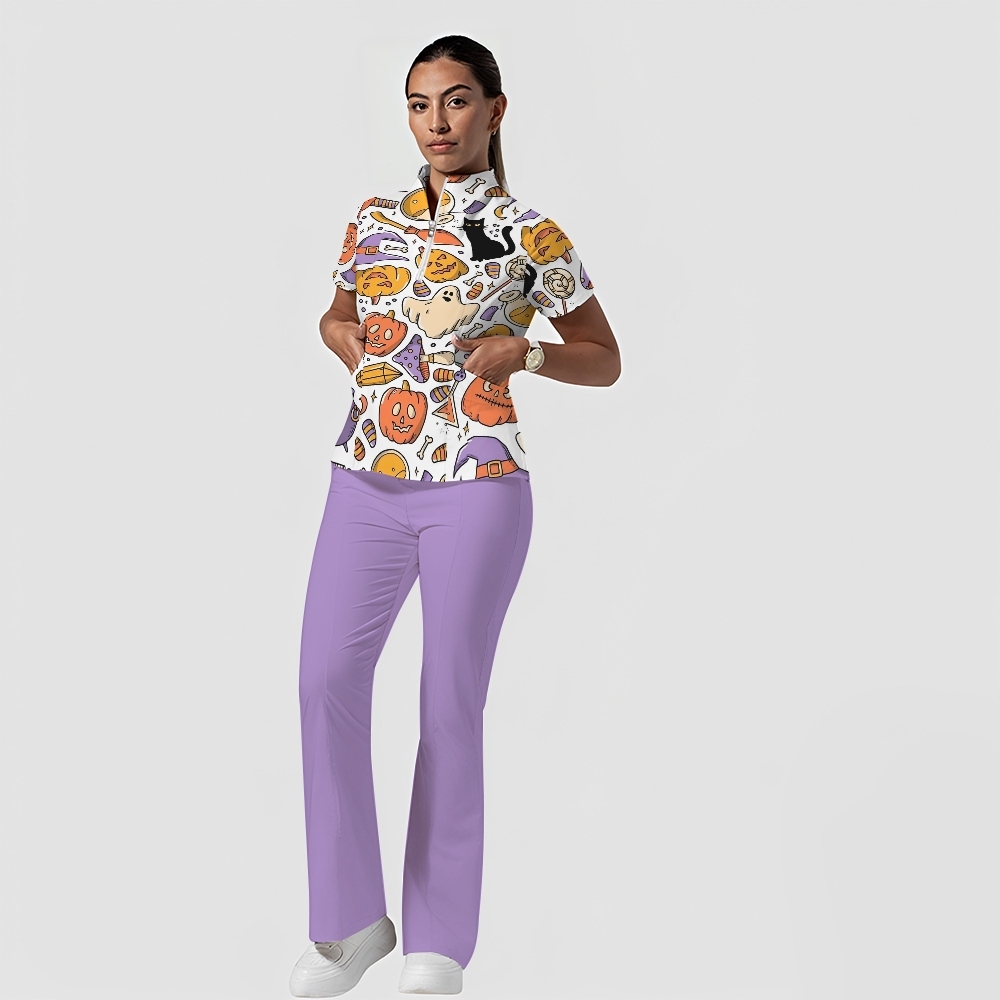 Women's Stand-Up Tie Zipper Cartoon Printed Scrub Set ST9121