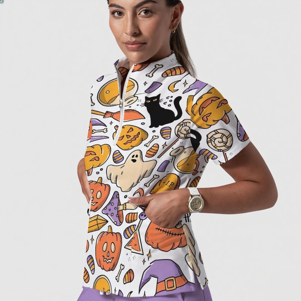 Women's Stand-Up Tie Zipper Cartoon Printed Scrub Set ST9121