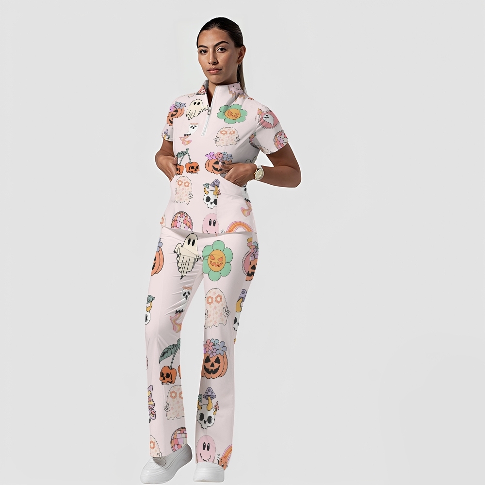 Women's Stand-Up Tie Zipper Cartoon Printed Scrub Set ST9122