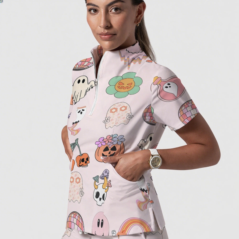 Women's Stand-Up Tie Zipper Cartoon Printed Scrub Set ST9122