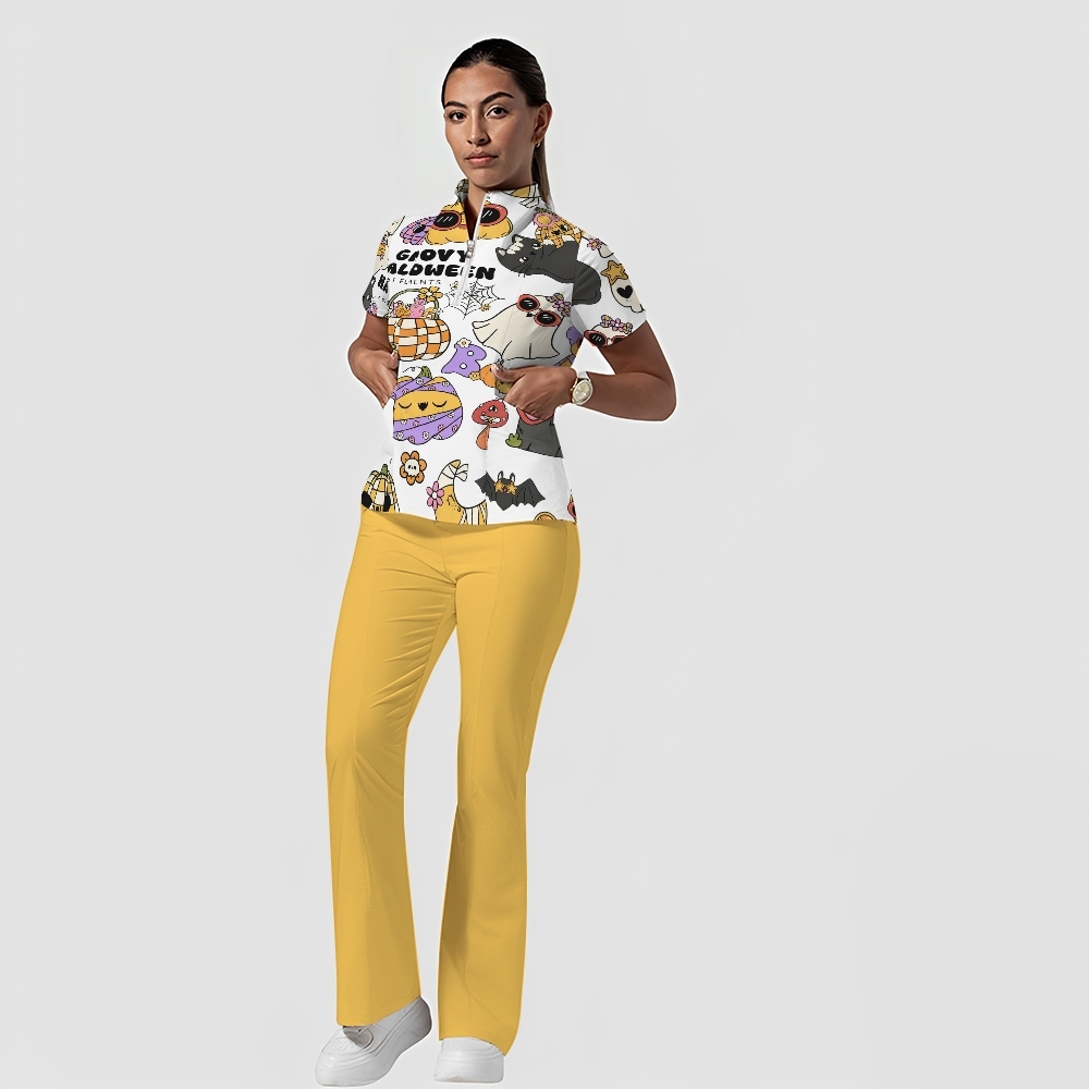 Women's Stand-Up Tie Zipper Cartoon Printed Scrub Set ST9123