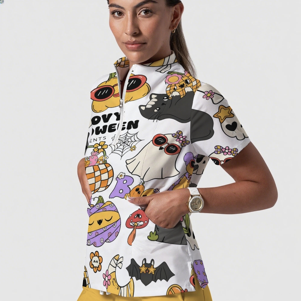 Women's Stand-Up Tie Zipper Cartoon Printed Scrub Set ST9123