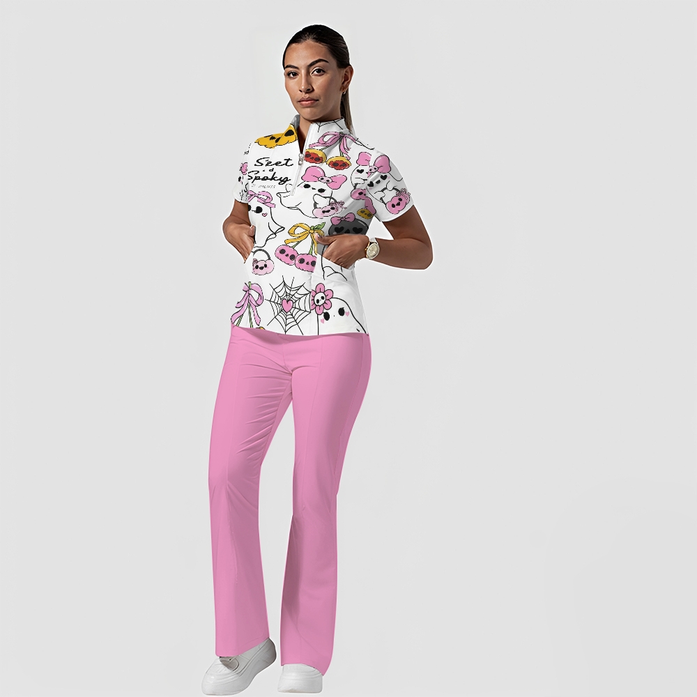 Women's Stand-Up Tie Zipper Cartoon Printed Scrub Set ST9124