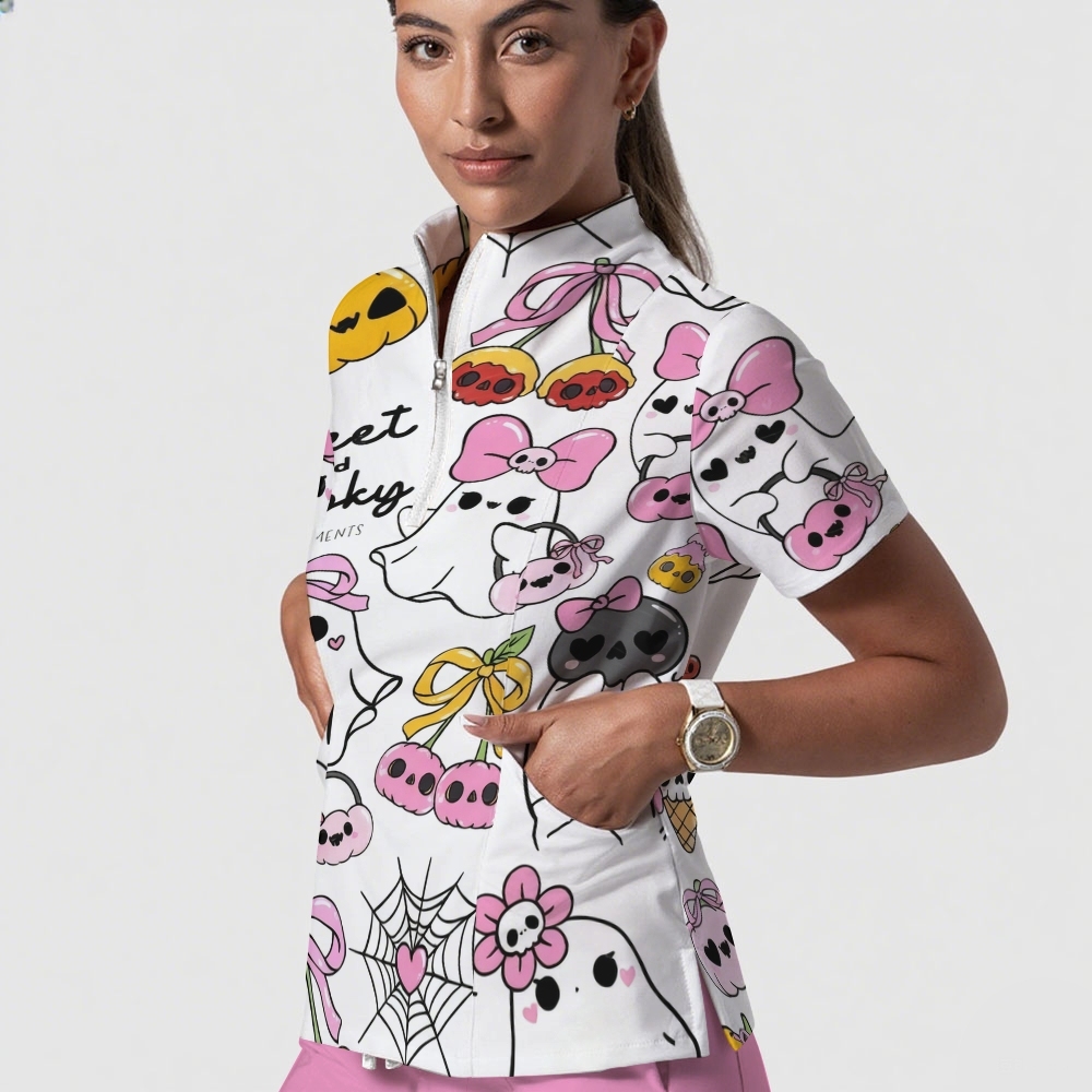 Women's Stand-Up Tie Zipper Cartoon Printed Scrub Set ST9124