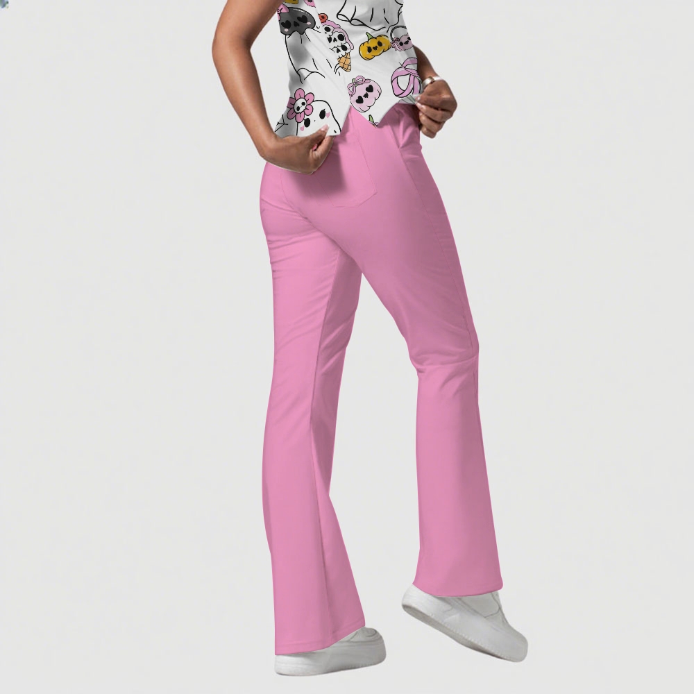 Women's Stand-Up Tie Zipper Cartoon Printed Scrub Set ST9124