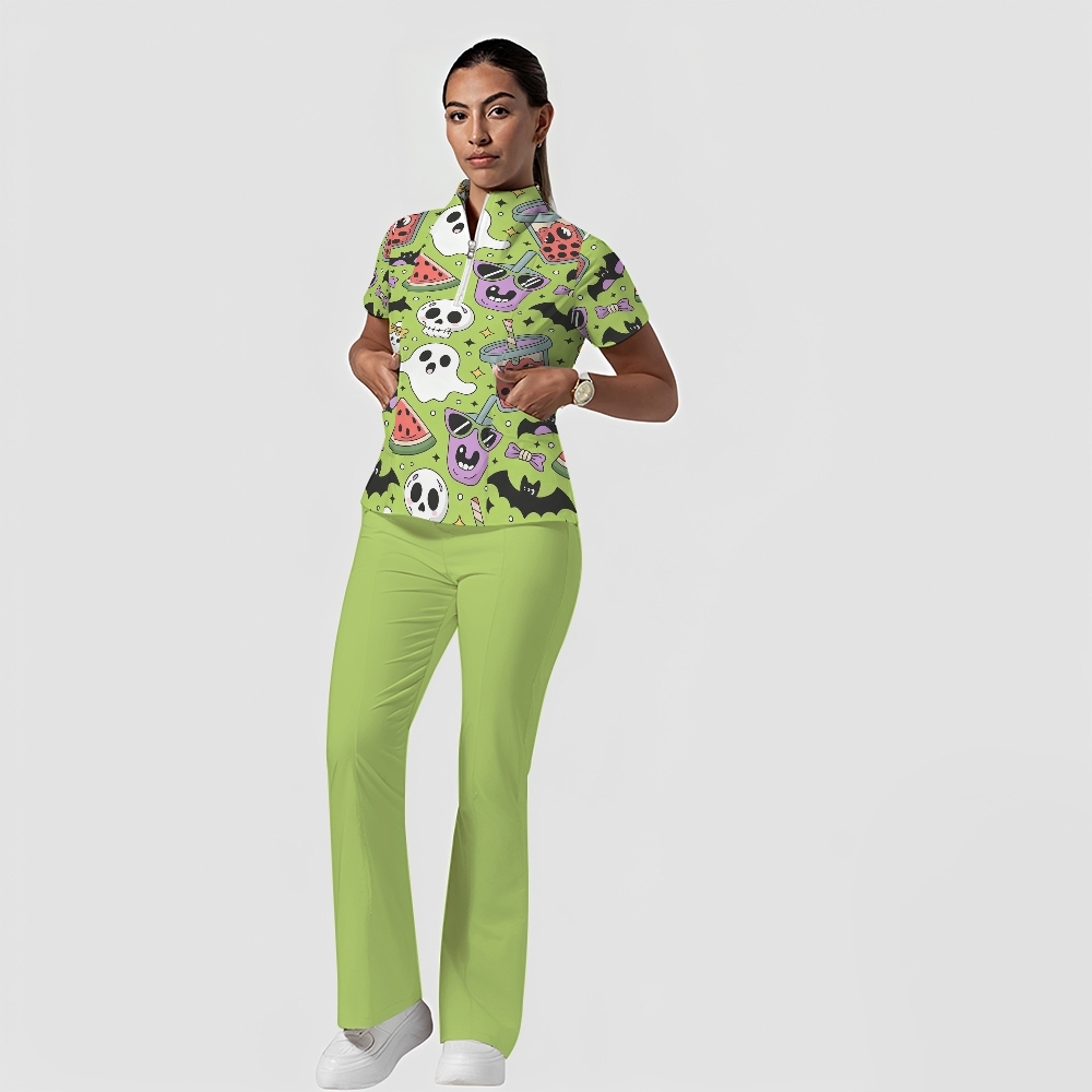 Women's Stand-Up Tie Zipper Cartoon Printed Scrub Set ST9125