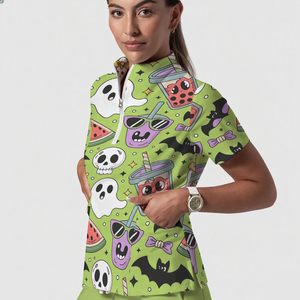 Women's Stand-Up Tie Zipper Cartoon Printed Scrub Set ST9125