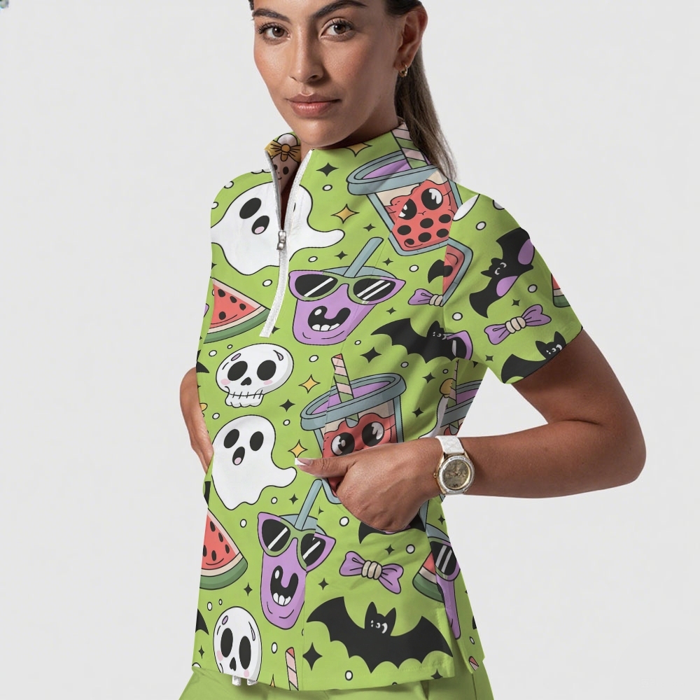 Women's Stand-Up Tie Zipper Cartoon Printed Scrub Set ST9125