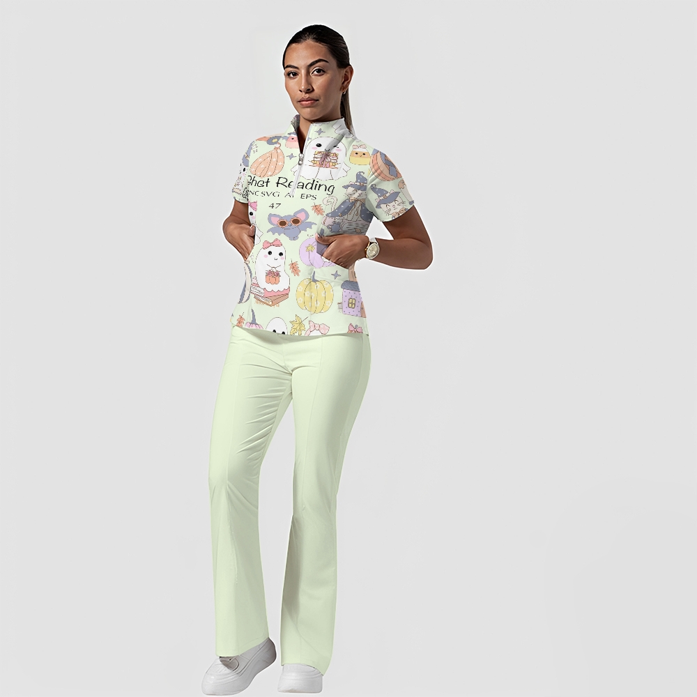 Women's Stand-Up Tie Zipper Cartoon Printed Scrub Set ST9126