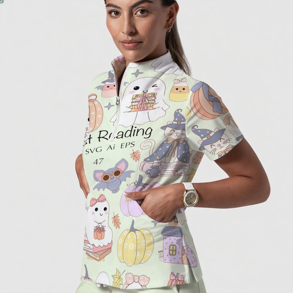 Women's Stand-Up Tie Zipper Cartoon Printed Scrub Set ST9126