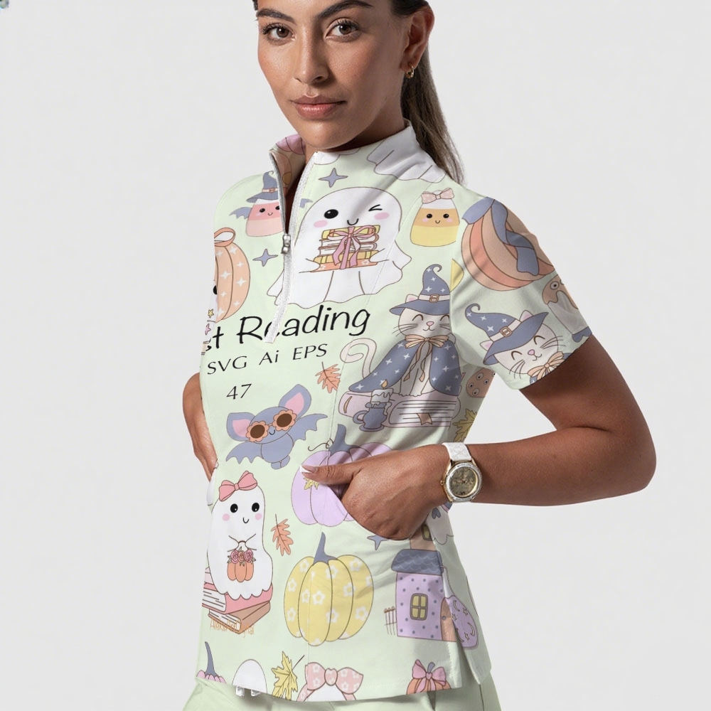 Women's Stand-Up Tie Zipper Cartoon Printed Scrub Set ST9126