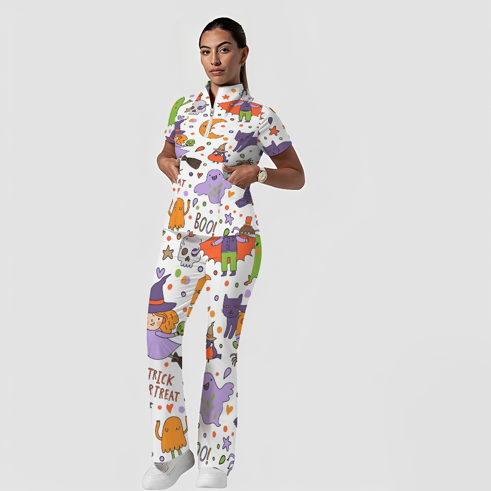 Women's Stand-Up Tie Zipper Cartoon Printed Scrub Set ST9127