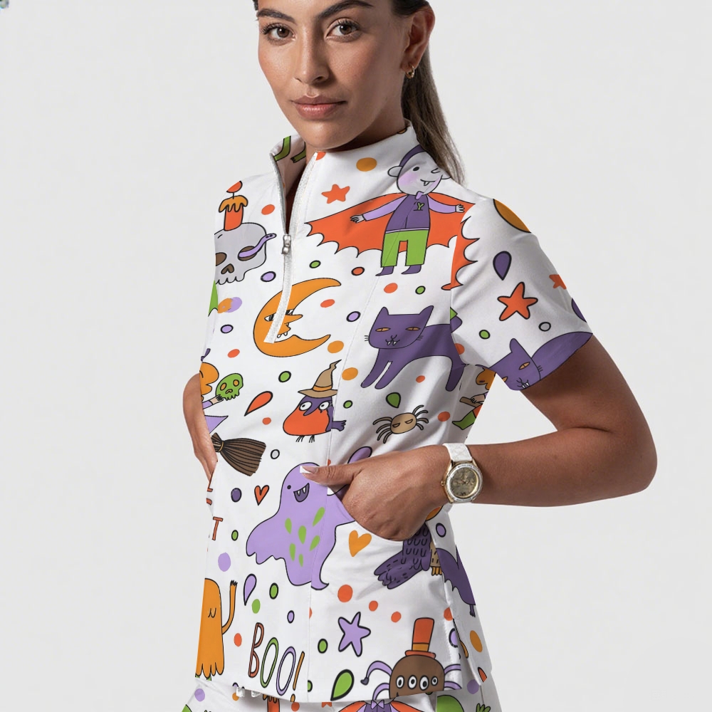 Women's Stand-Up Tie Zipper Cartoon Printed Scrub Set ST9127