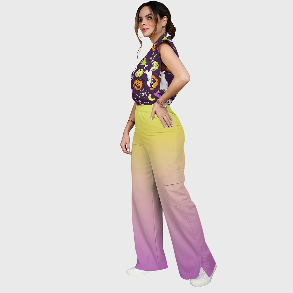 Women's Stand-Up Tie Zipper Halloween Printed Scrub Set SF91222