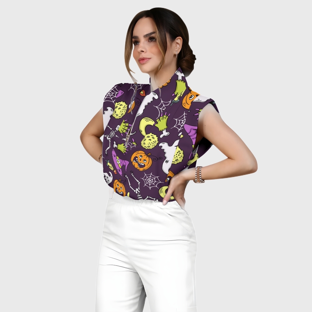 Women's Stand-Up Tie Zipper Halloween Printed Scrub Set SF91222